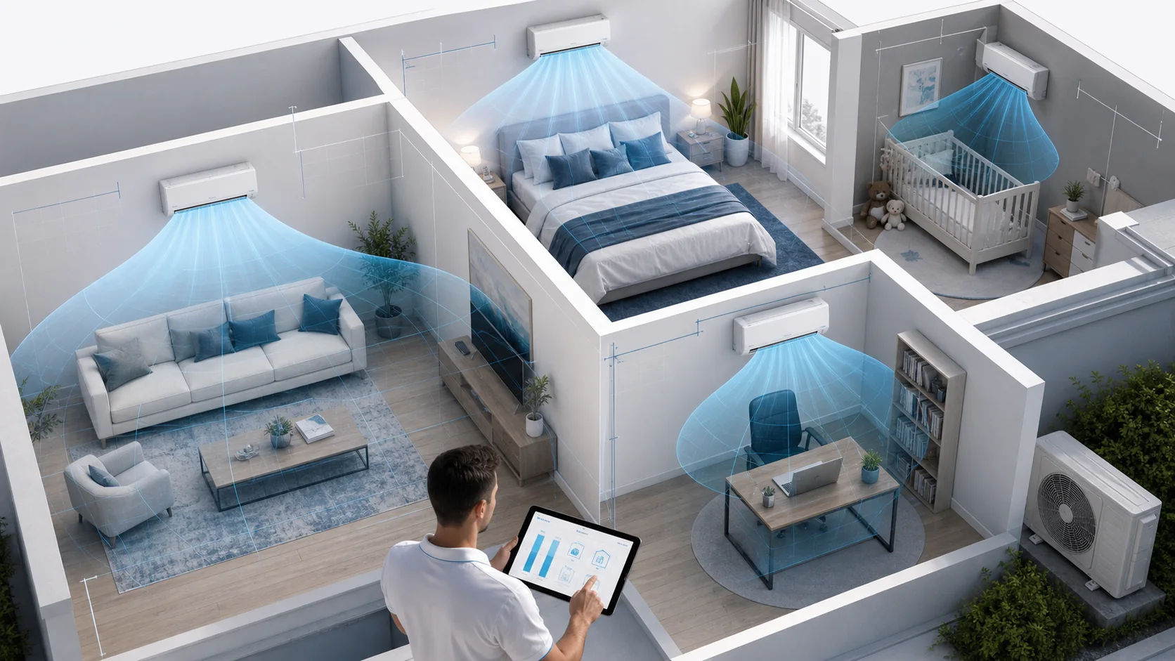Vue en plan d'un logement avec plusieurs climatiseurs et zones de diffusion bleues