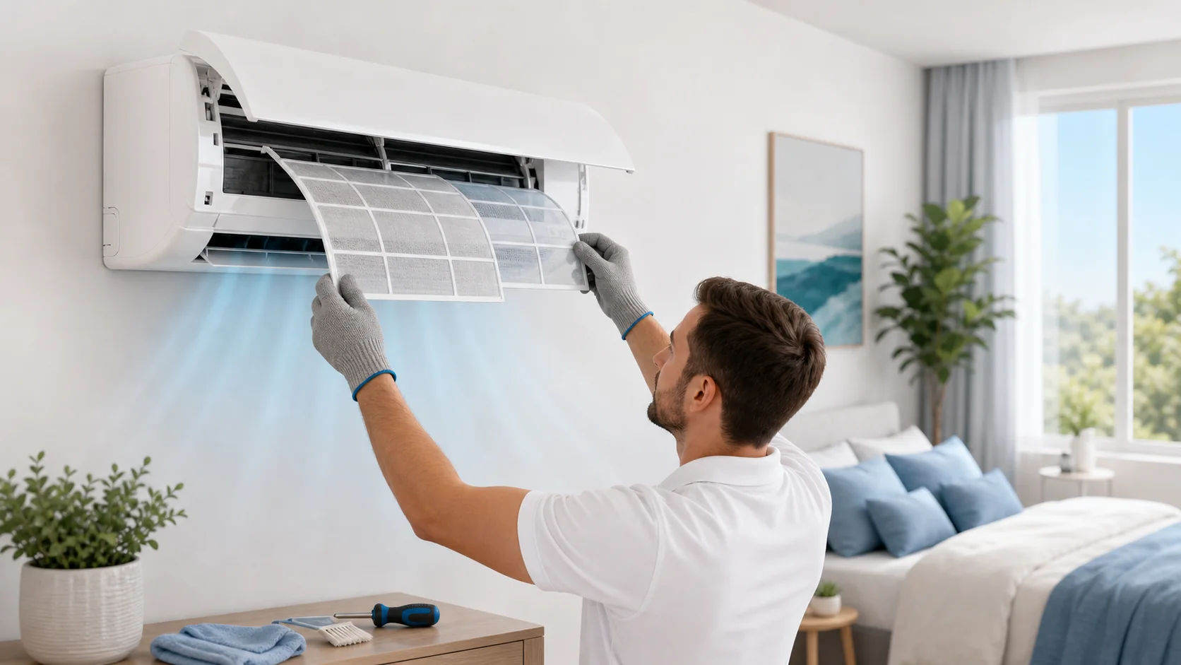 Technicien retirant les filtres d'une climatisation murale pour l'entretien
