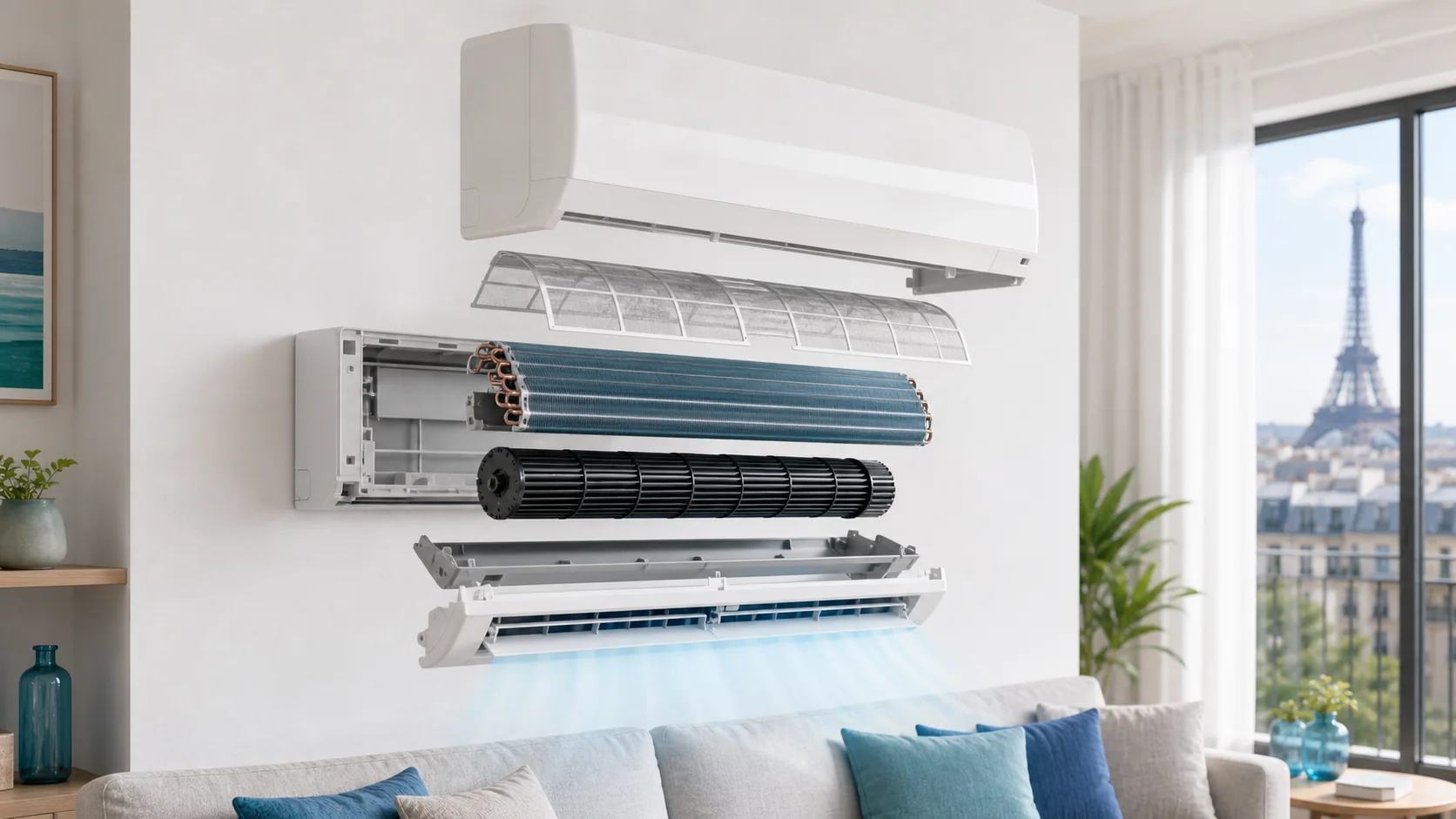 Climatisation murale ouverte avec filtres, batterie et turbine visibles couche par couche