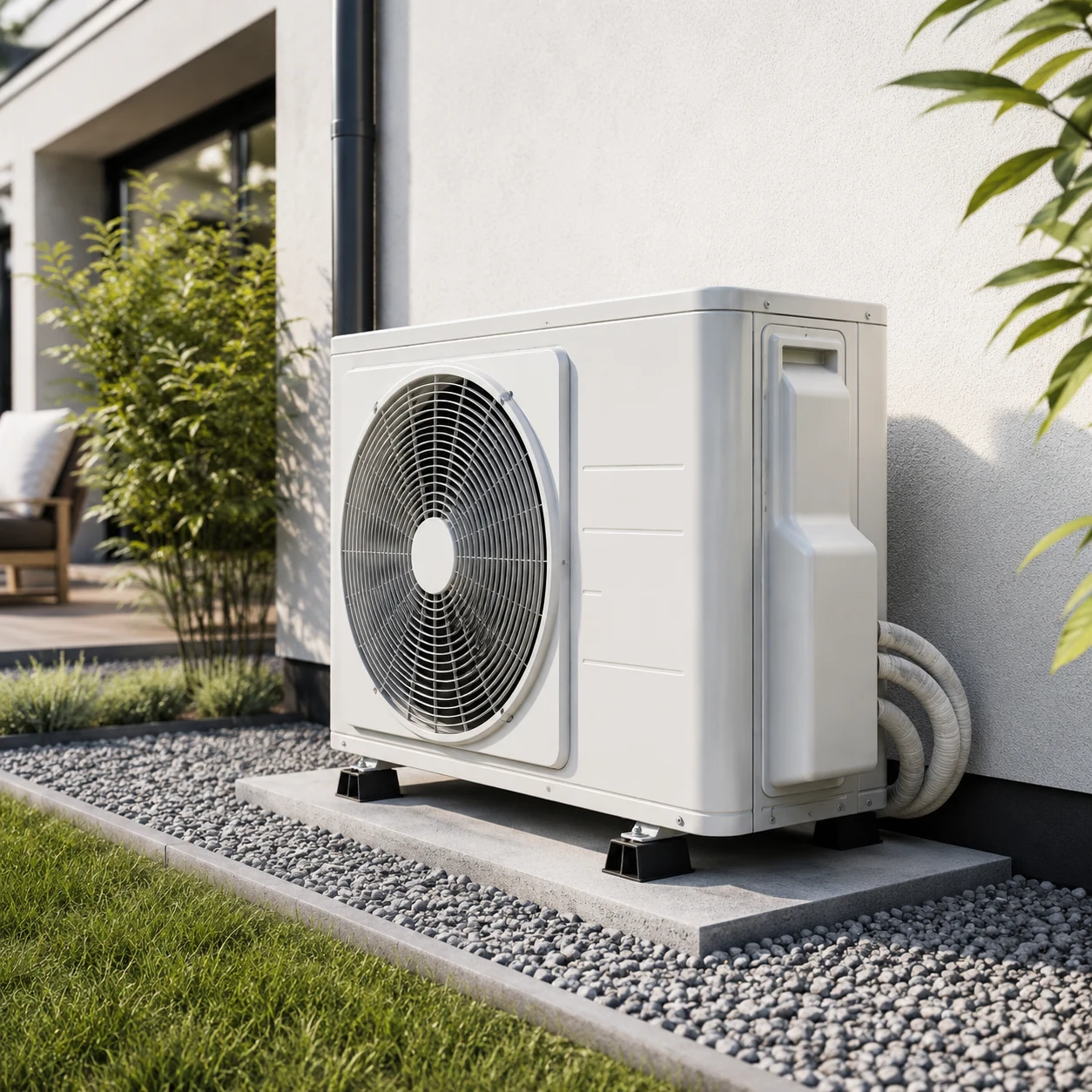 Unite exterieure de climatisation posee sur dalle contre une facade